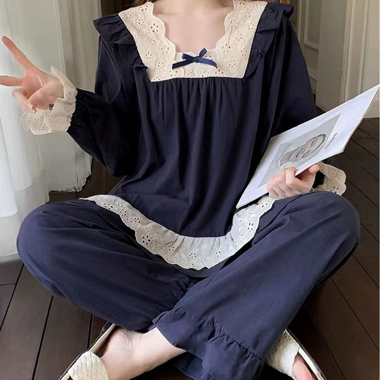 韩版甜美蕾丝方领花边纯棉睡衣女春秋公主风长袖长裤家居服套装潮