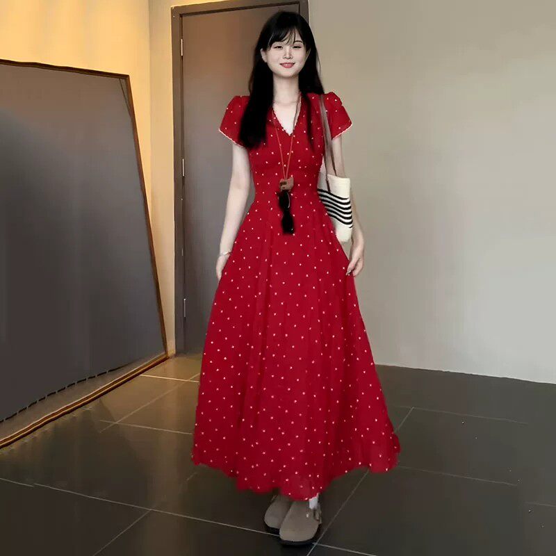 红色波点V领短袖收腰显瘦连衣裙