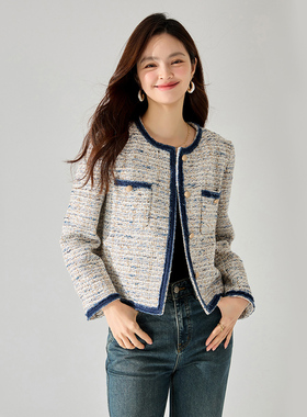徕倩2024早春新款羊毛小香风外套短款牛仔拼接上衣SH JK3917