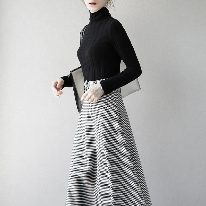 赫本风千鸟格纹腰带中长款半身裙