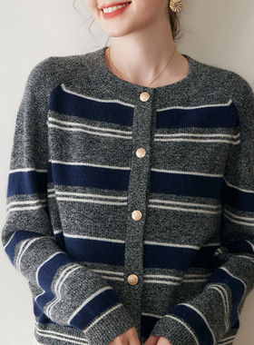 徕倩秋冬经典撞色圆领羊绒开衫女宽松软糯外套时尚上衣BM KT6206