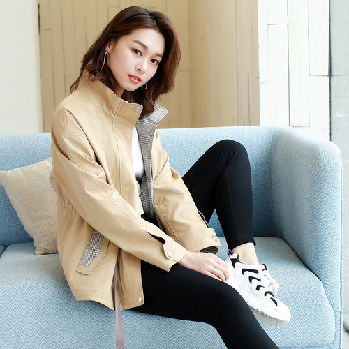 新款宽松休闲格纹风衣