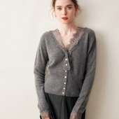 2025春新款 KT6100 羊绒衫 女通勤百搭针织 蕾丝花边开衫 羊毛衫