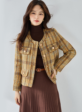 徕倩2023冬季新款女装格纹黄色小香风鸭绒羽绒服外套女SH JK3901