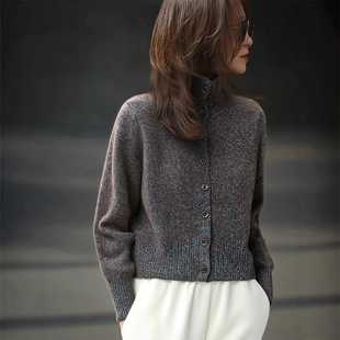 KT6205 毛衣女SH 徕倩复古松弛100羊毛点子纱半高领针织开衫 短款