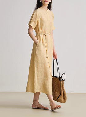 汉麻2025新款女装流行爆款连衣裙气质高级感圆领半开襟WM OP6523