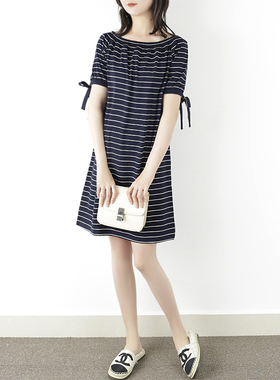 ARTIN徕倩23新品减龄优雅松紧一字领袖口可系带条纹连衣裙 OP6278