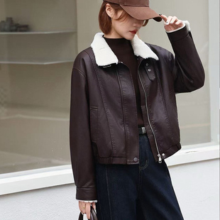 秋冬复古美拉德加绒立领短皮衣外套女美式机车羊羔毛夹克SH PZ222