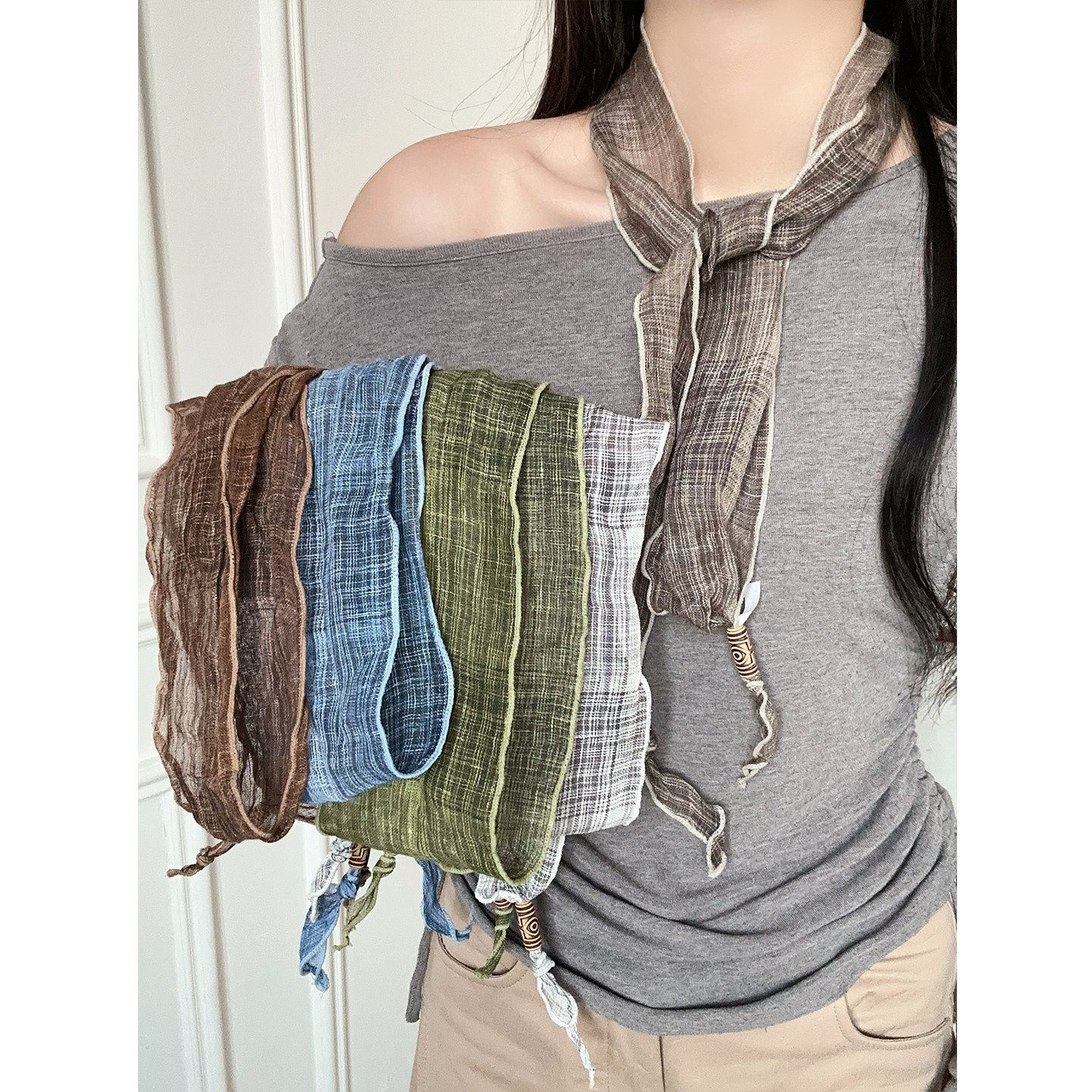 复古简约格子长条亚麻丝巾女配饰韩系文艺风高级感系脖围巾配饰,服饰配件/皮带/帽子/围巾,围巾/丝巾/披肩,淘宝优惠券,粉丝福利购,淘宝优惠卷