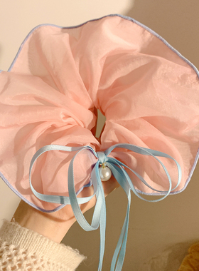 超仙粉色网纱蝴蝶结大肠发圈女高级感绝美小众发绳头饰扎头发超大