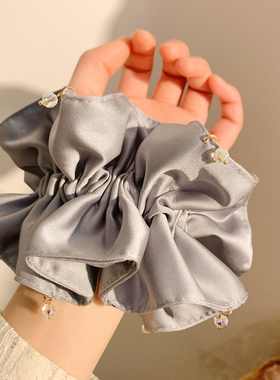 高级感灰蓝色缎面双层大肠发圈女韩系气质头饰发绳扎头超大丸子头