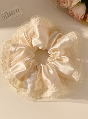 温柔奶油白色缎面蕾丝大肠发圈女法式复古气质头绳发饰扎头发超大