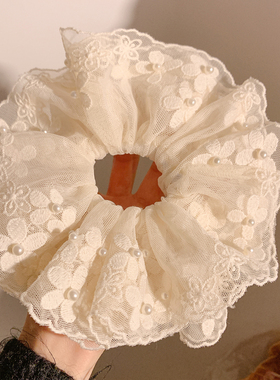 巴黎晚风~米色花朵蕾丝大肠发圈女高级感复古头饰发绳扎头发新款