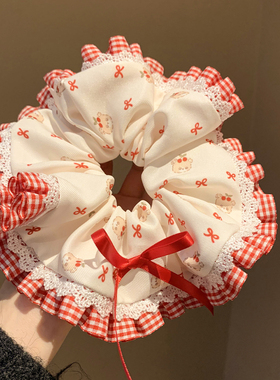 韩系甜美红色蝴蝶结花边大肠发圈女高级感气质头绳发饰超大扎头发