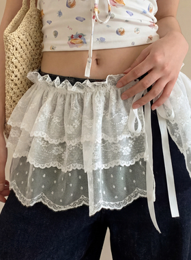 韩系时髦白色蕾丝花边屁帘女春夏季系带蛋糕裙牛仔裤叠穿半身裙