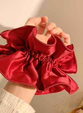 复古红色缎面双层大肠发圈女高级感气质慵懒风头绳发饰扎头丸子头