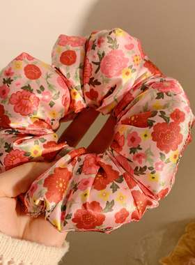 热烈夏漾~粉色花朵充棉大肠发圈女高级感睡眠缎面头绳发饰扎头发