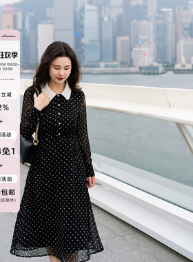 apipedream如一梦 黑色波点雪纺拼色领连衣裙/夜落波影
