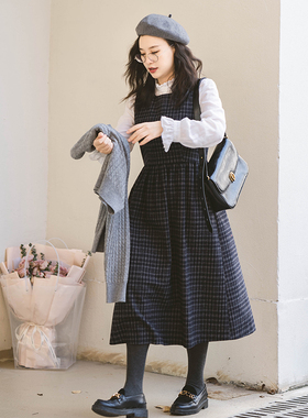 apipedream如一梦 羊毛混纺打褶背心裙春季格纹连衣裙女/海岛来信