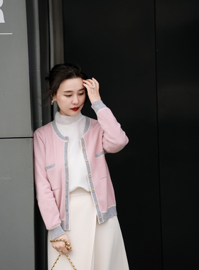 apipedream如一梦 小香风美利奴绵羊毛撞色针织开衫/粉樱染雾