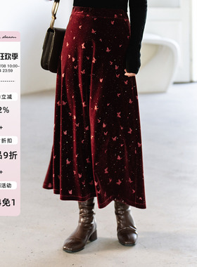 apipedream如一梦 重工压花烫金丝绒新年款气质半身裙/蝴蝶绮梦