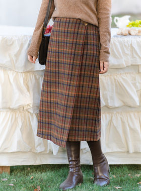 apipedream如一梦 全羊毛彩条格纹假围裹H型气质半身裙/落叶写诗
