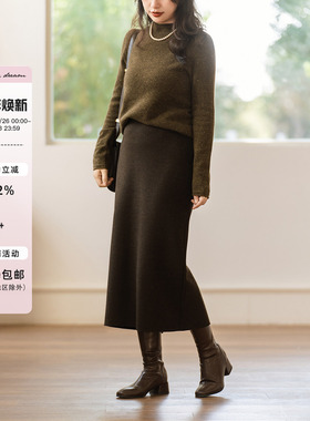 apipedream如一梦 羊驼绒醋酸H型包臀开衩气质半身裙/午后拿铁