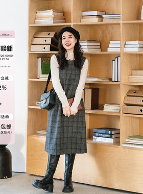 apipedream如一梦 灰色羊毛格子背心裙中长款宽松长裙/转角书阁