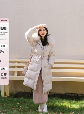 apipedream如一梦 狐狸毛领可拆卸腰带长款冬季羽绒服/藕荷雪绒