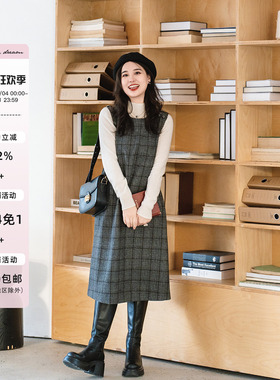 apipedream如一梦 灰色羊毛格子背心裙中长款宽松长裙/转角书阁