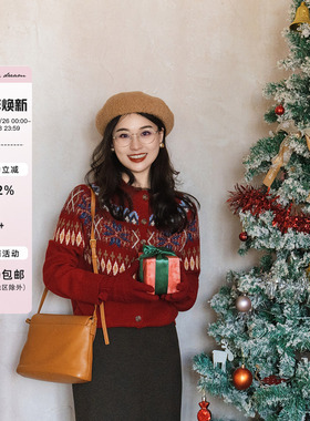 apipedream如一梦 费尔岛美利奴100%绵羊毛圣诞毛衣开衫/圣诞飘雪