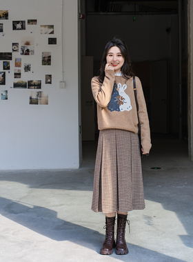 apipedream如一梦 咖色格纹千鸟格羊毛冬季百搭百褶裙/临窗日记