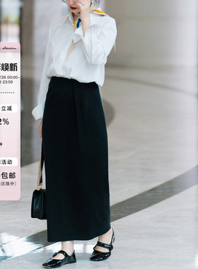 apipedream如一梦 黑色针织弹力假围裹式不规则半裙/阑夜垂幕