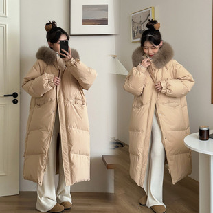 大毛领羽绒棉服女2024冬季新款中长款过膝棉衣外套时尚面包服棉袄