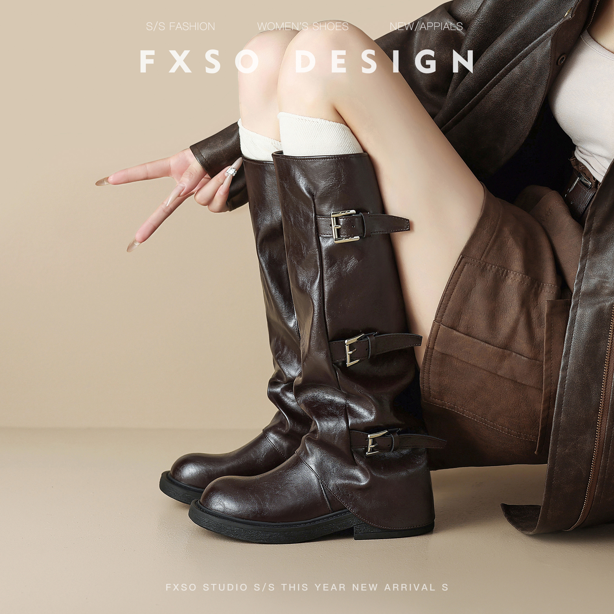 新款！褶皱感皮带扣裤管靴骑士靴