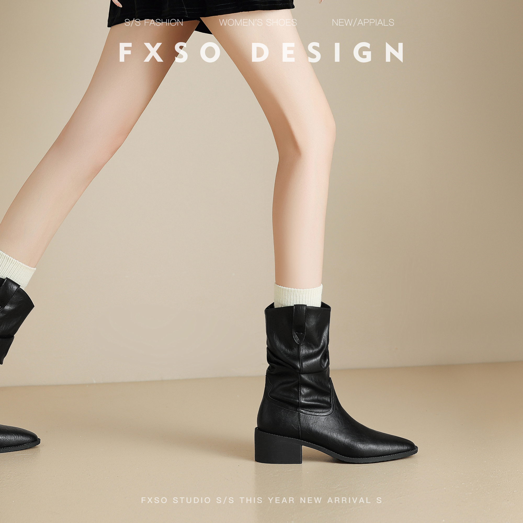 牛皮版！粗跟增高时装靴黑色短靴