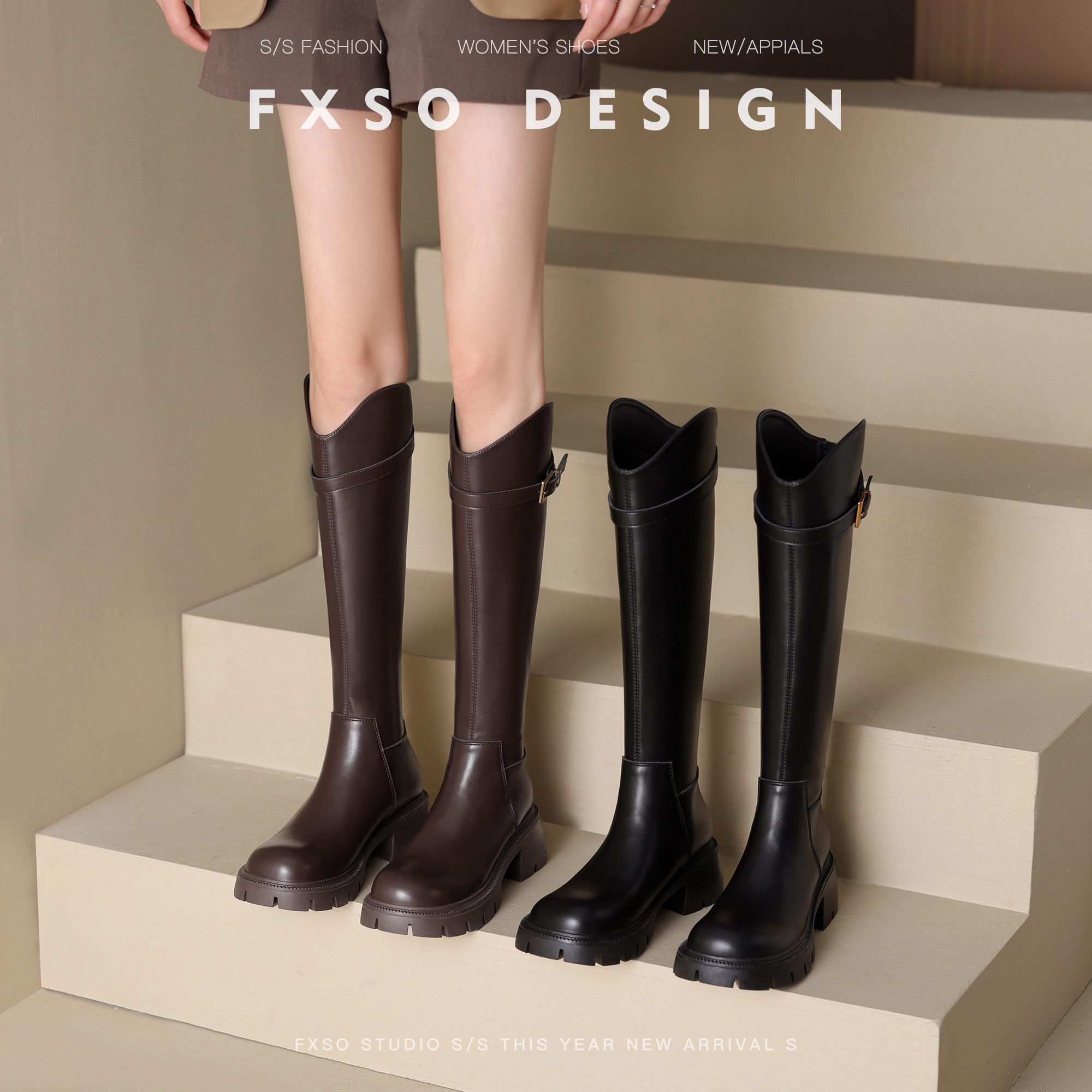 FXSO方巷英伦风时尚不过膝长靴女