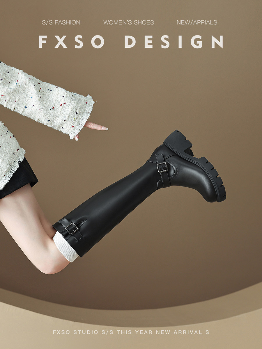 가죽 FXSO FANGXIANG 2024 가을 겨울 새로운 하이 부츠 나이트 부츠 블랙 두꺼운 단독 하이 부츠 여성용 롱 부츠