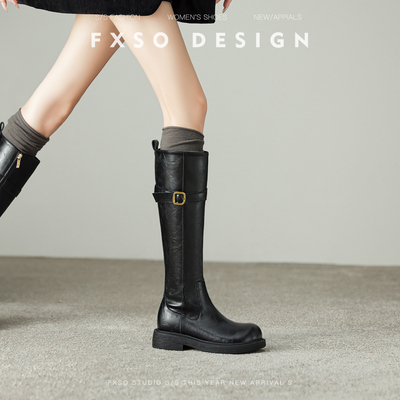 方巷大叔皮带扣长靴女百搭长筒靴