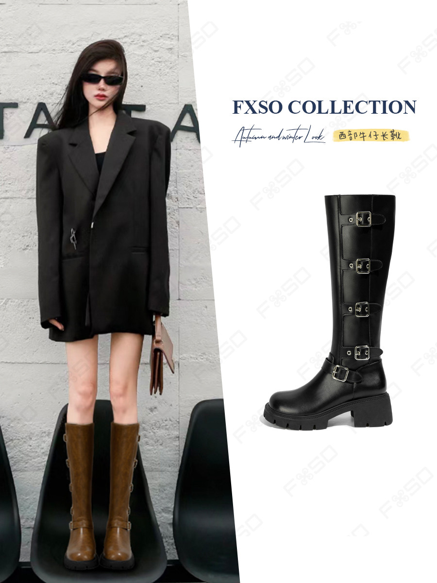 가죽 FXSO FANGXIANG 2024 가을 겨울 새로운 스타일 플러스 벨벳 웨스턴 카우보이 나이트 부츠 여성용 두꺼운 밑창 롱 부츠