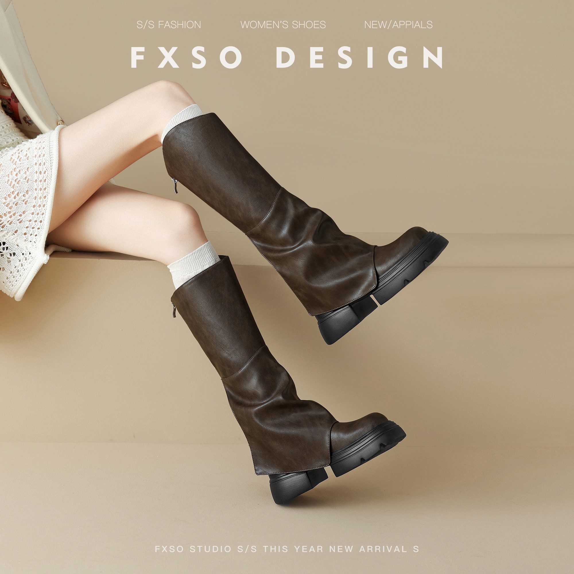 真皮新款厚底小个子斜口高筒靴女