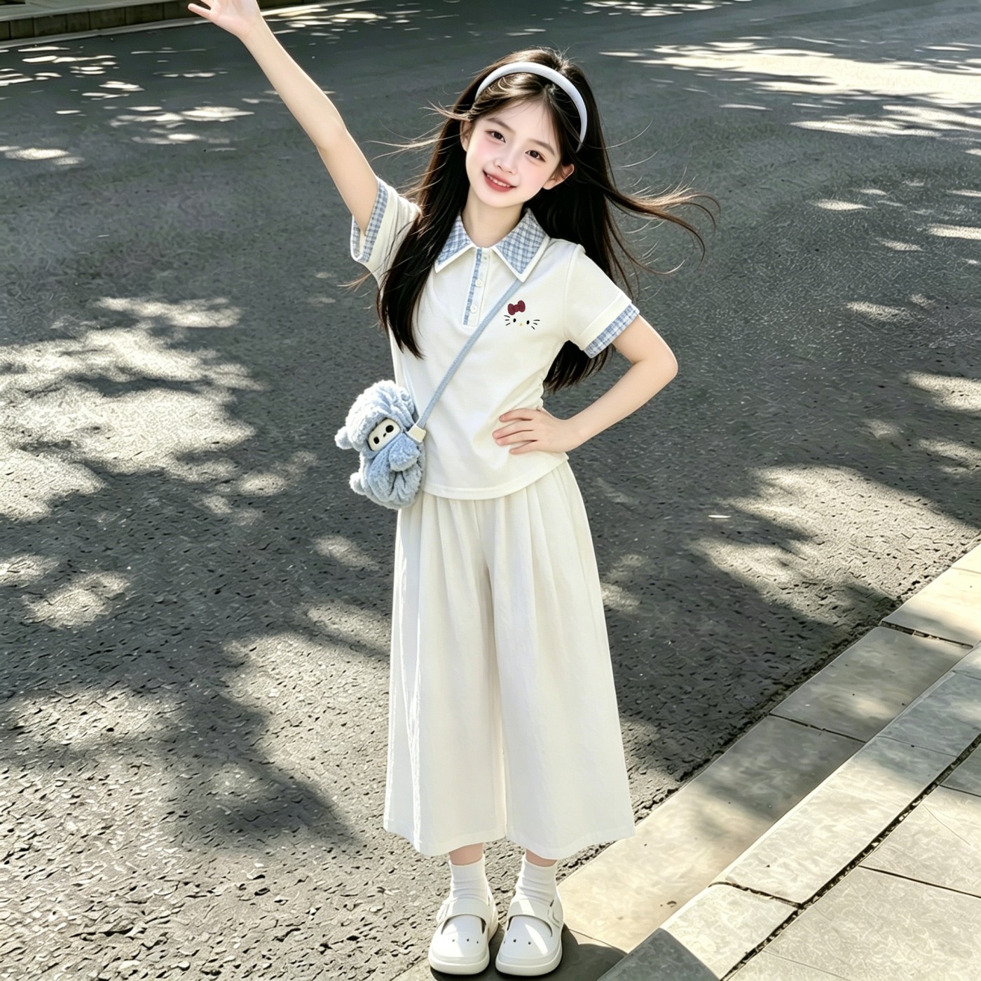 女童夏季KT猫T恤阔腿裤套装图片