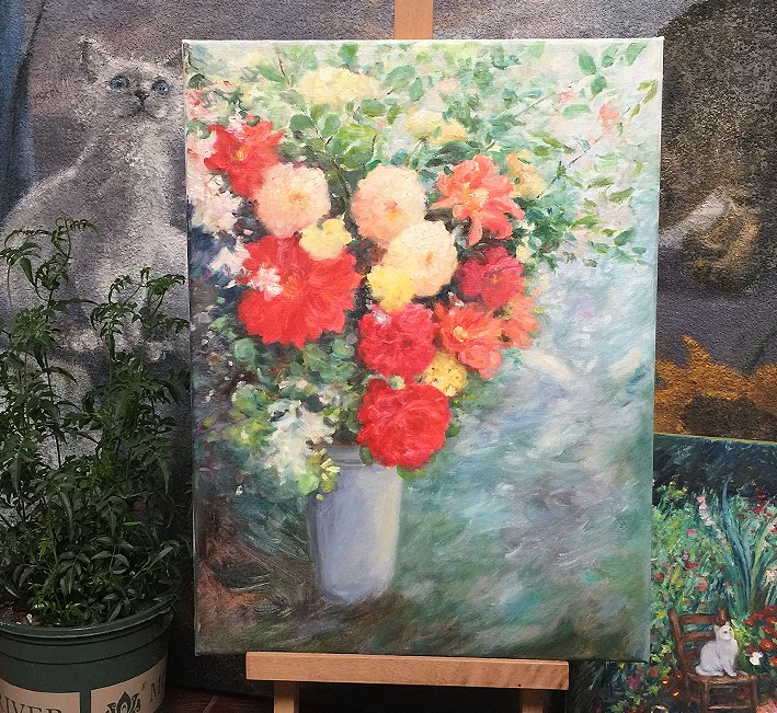 纯手绘无框大丽花小幅油画 田园花卉复古装饰画 手工插花植物小画