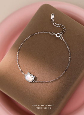 S925纯银白贝母镶钻手链女新款小众精致kitty蝴蝶结可爱小猫手饰