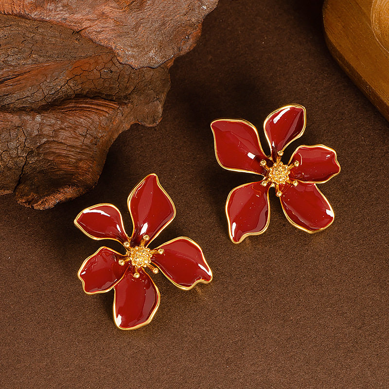 亚马逊跨境新款爆款五叶花滴油花朵耳钉女气质个性感银针耳饰