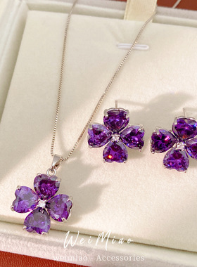 冷淡风个性镶锆石花朵爱心项链感轻奢锁骨链百搭小众首饰套装