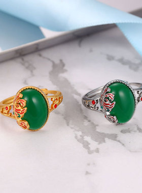 s925银镶天然和田戒指国潮风女指环民族风鎏金工艺银饰戒指