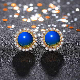 2021国潮新品宫廷风925银针戴妃款满钻镶嵌二代蓝珀琥珀耳饰耳钉