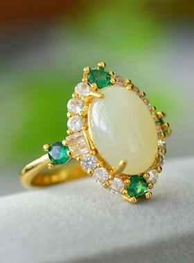 镀银镶嵌高冰种白玉髓戒指女款鸽子蛋绿玉石戒指直播货源