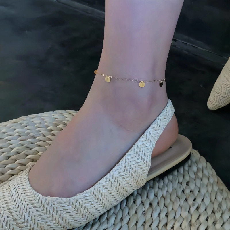 S925纯银镀14K金超闪圆片脚链女小众设计简约性感气质百搭款脚饰